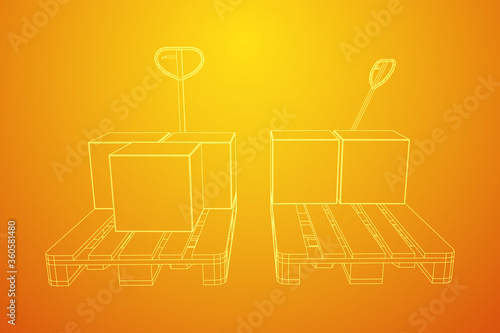 Hand pallet jack lift with pallet and stacked goods cardboard boxes. Manual forklift. Logistics shipping concept. Wireframe low poly mesh vector illustration.