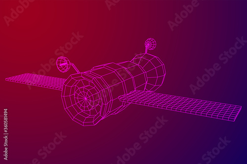 Space station communications satellite. Wireframe low poly mesh vector illustration.