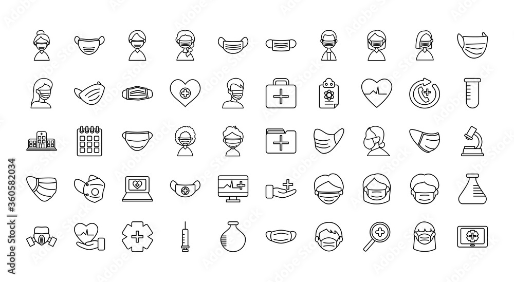 medical mask and medical icon set, line style medical mask and medical icon set, line style