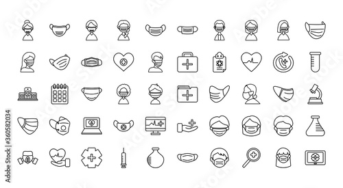 medical mask and medical icon set, line style