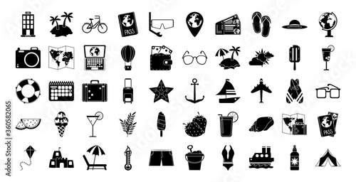 summer travel and vacation in silhouette style isolated icons set