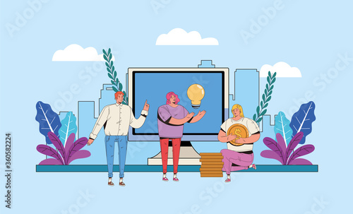 young people with financial business icons