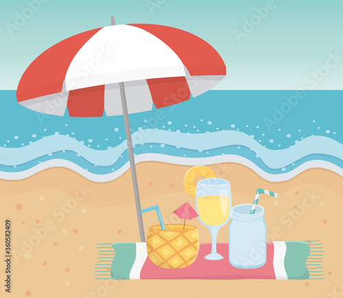 summer travel and vacation pineapple cocktail juice beverage umbrella towel beach