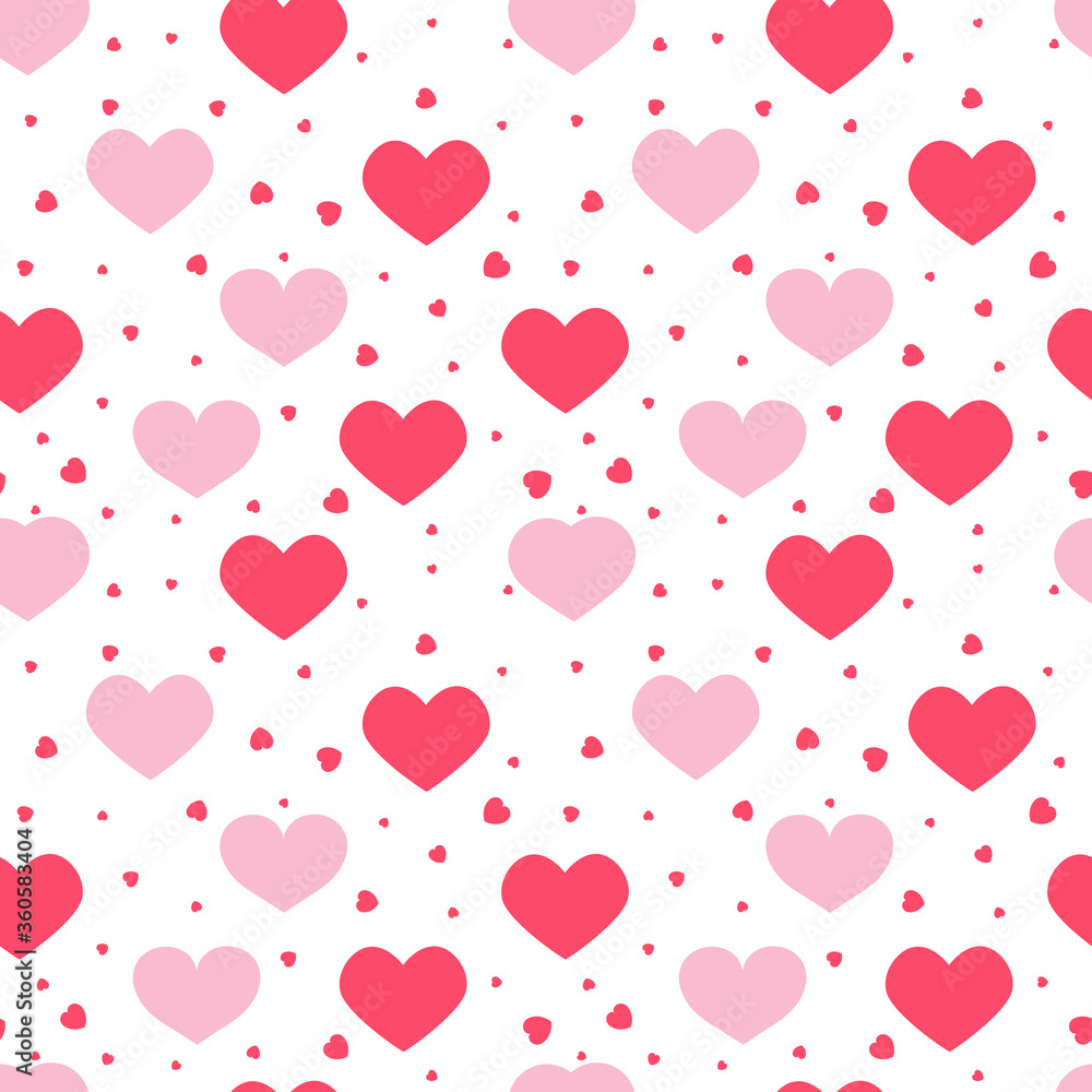Pink, red hearts seamless pattern. Love limitless background for wedding or valentine day flat cartoon romantic sign. Repeat ornament for paper wrap, fabric, print wallpaper decor. Vector illustration