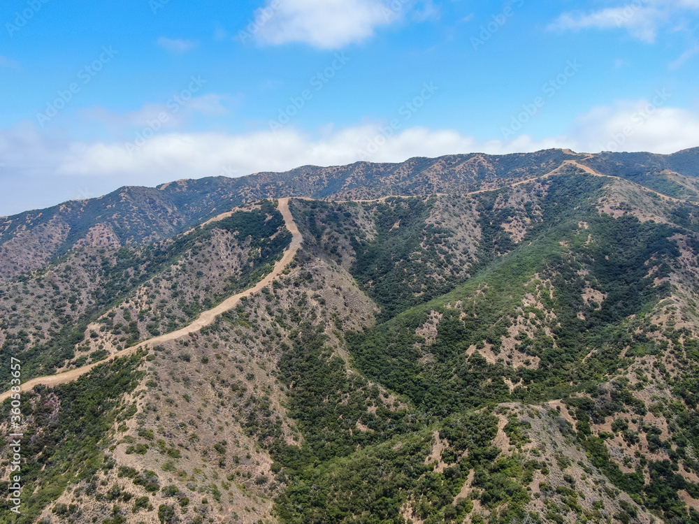 Aerial view of hiking trails on the top of Santa Catalina Island mountains. California, USA