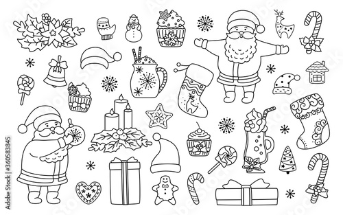 Christmas and New Year line set. Black linear holly, cupcake, cup, hat, santa and cookies gift, lollipop candle. Flat cartoon design. New year, christmas collection. Isolated vector illustration