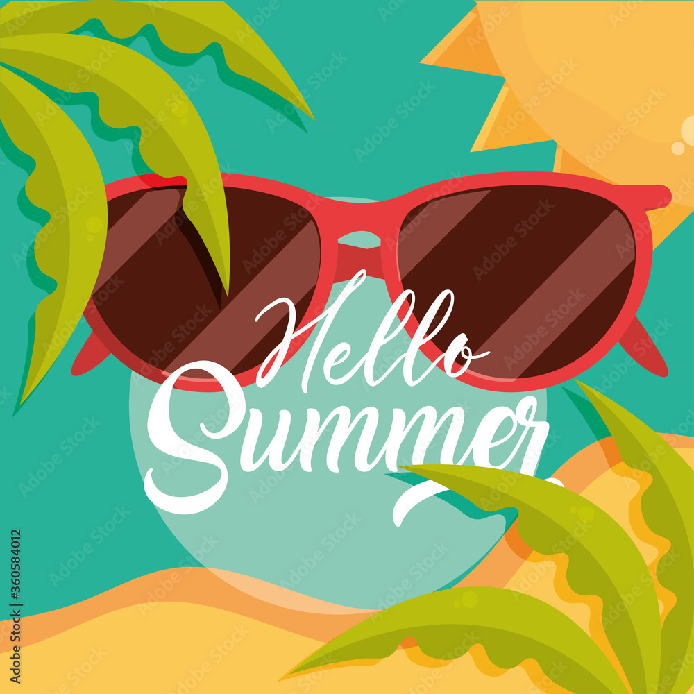 hello summer travel and vacation season, sunglasses beach sand sea leaves, lettering text