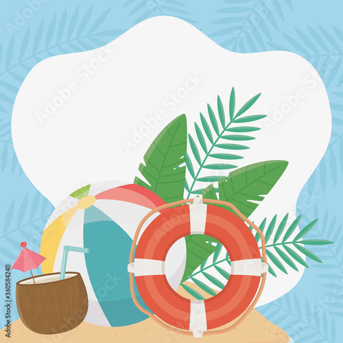 summer travel and vacation lifebuoy beach ball coconut cocktail foliage tropical