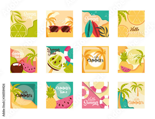 hello summer travel and vacation season banner icons set