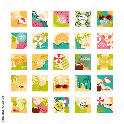 hello summer travel and vacation season banner icons set