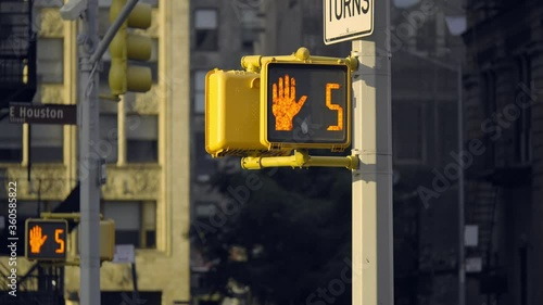New York City traffic lights, red signal countdown numbers, pedestrian crossing 
