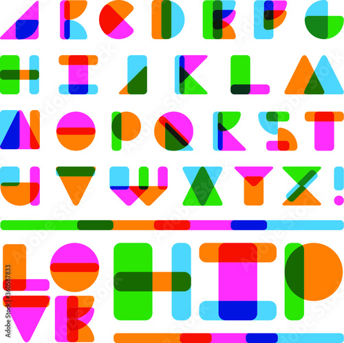 Playhouse Typeface family build with rounded geometric shapes and overlapping colors for display lettering and logo design in a playful, fun and happy style