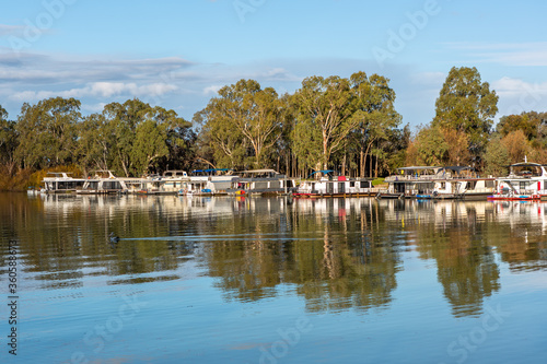 Obraz na płótnie The reflection of house boats and tree on a calm river murray located in the river land at Berri South Australia on 20th June 2020 w salonie
