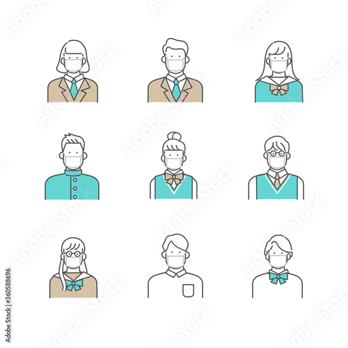 マスクを着用するさまざまな学生のバリエーションアイコン　イラスト素材