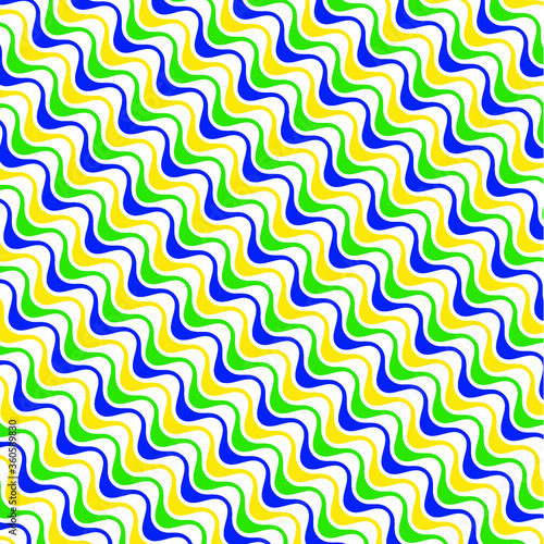 Colorful Brazilian wave street pattern vector in green, blue and yellow on white background - Rio De Janeiro beach promenade, Brazil