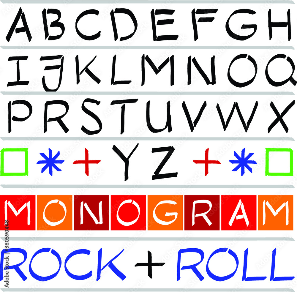 Monoline capital upper case font alphabet in handwriting style with sharp edges, and a handmade character.