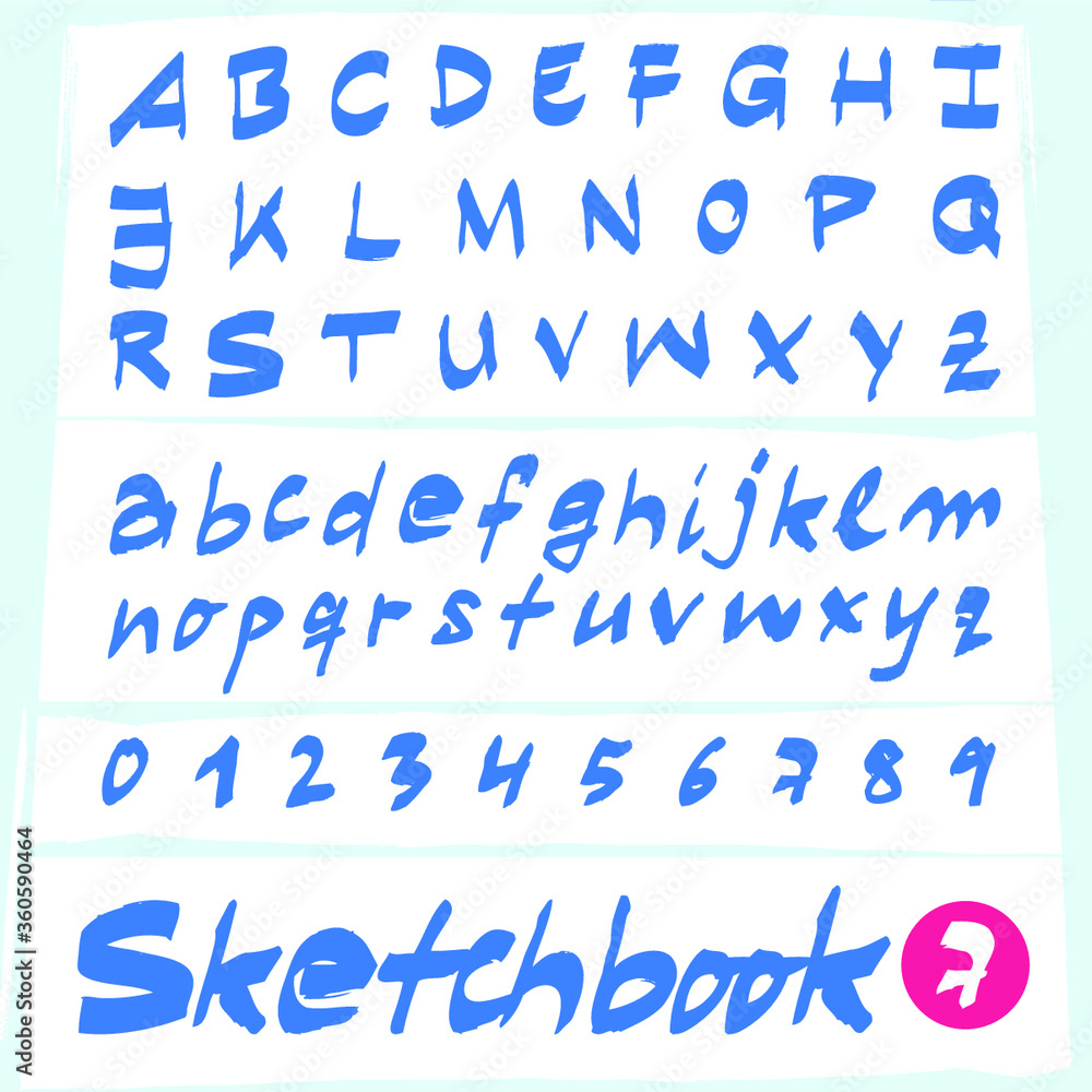 Sketchbook inspired capital hand lettering alphabet font family with thin and thick lines in lower and upper case with numbers 