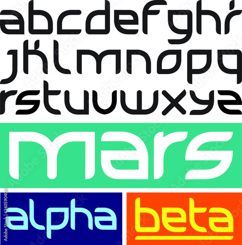 Futuristic custom made lower case ABC with geometric, round shapes and edges in a retro-future style for logos, displays, quotes, and brands