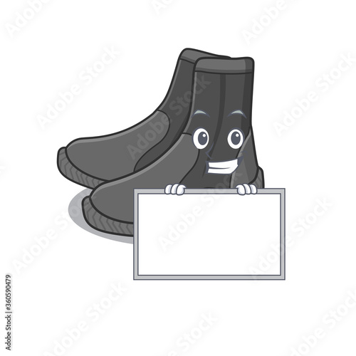 Funny cartoon design style dive booties standing behind a board