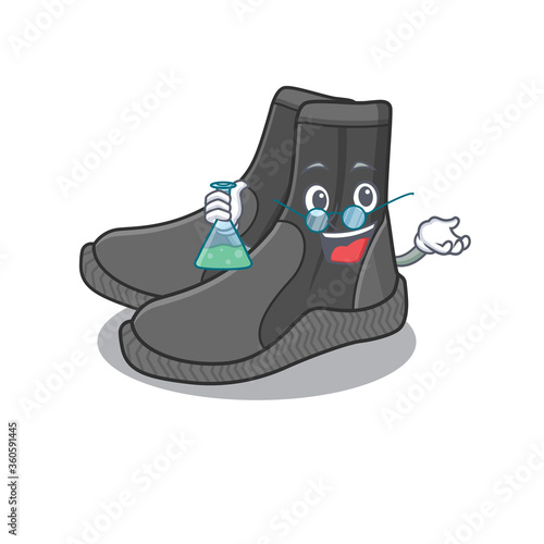 Super Genius Professor of dive booties Caricature character working on a lab