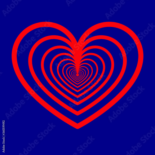 Concentric, optical outline heart illusion in red color on dark blue background growing from the middle to the outer edge