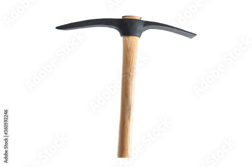 Mining equipment and tools concept with photograph of heavy duty pick axe isolated on white background with clipping path cutout