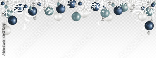 Christmas decoration border with White snowflake, Christmas ball, and Ribbon hanging on transparent background. Vector illustration.