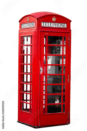 Telecommunication and iconic British items concept with photograph of public telephone box or pay phone booth isolated on a white background with clipping path cutout