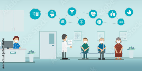 Health check concept with doctor and icons flat design vector illustration