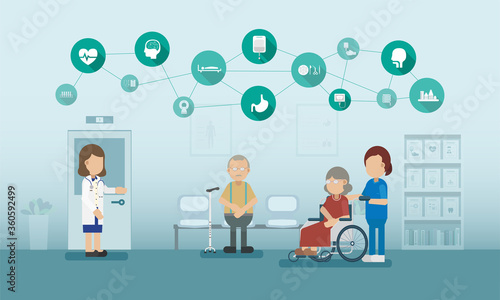 Health check concept with doctor and icons flat design vector illustration