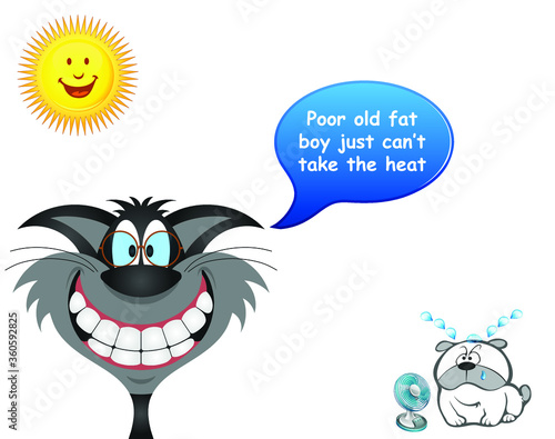 Comical cool cat with overweight dog sweating in the hot weather isolated on white background