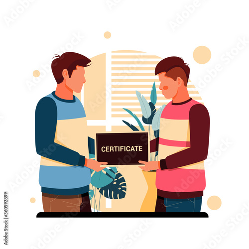 portrait of men give certificate, flat design concept. vector illustration
