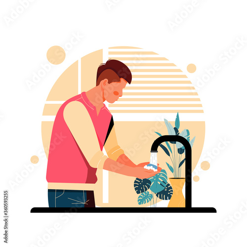 portrait of man washing hands, flat design concept. vector illustration