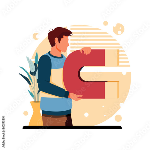 portrait of man holds a magnet, flat design concept. vector illustration
