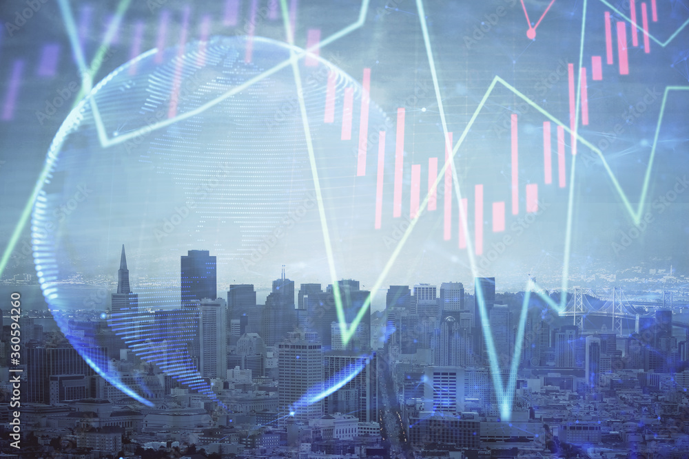 Forex graph on city view with skyscrapers background multi exposure. Financial analysis concept. Forex graph on city view with skyscrapers background multi exposure. Financial analysis concept.