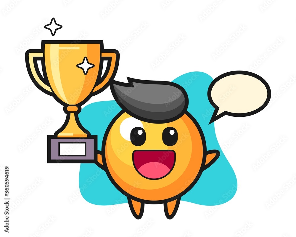 Ping pong ball cartoon happy holding up the golden trophy