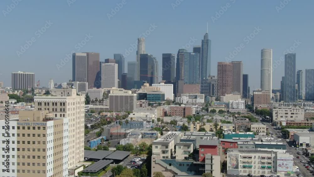 Los Angeles Downtown Skyline From Westlake Aerial Shot Backward Reveal Los Angeles Downtown Skyline From Westlake Aerial Shot Backward Reveal