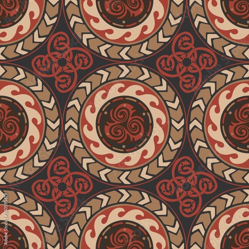 Viking trinity Triquetra tribal tattoo design for Seamless pattern vector with red brown urban color tone background 