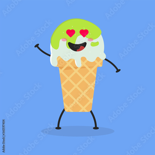 Cute Flat Cartoon Green Tea Ice Cream Illustration. Vector illustration of cute ice cream with a smiling expression. Cute green tea ice cream mascot design