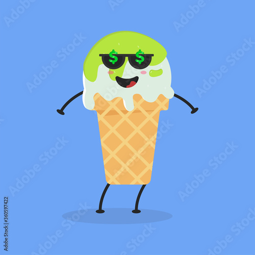 Cute Flat Cartoon Green Tea Ice Cream Illustration. Vector illustration of cute ice cream with a smiling expression. Cute green tea ice cream mascot design