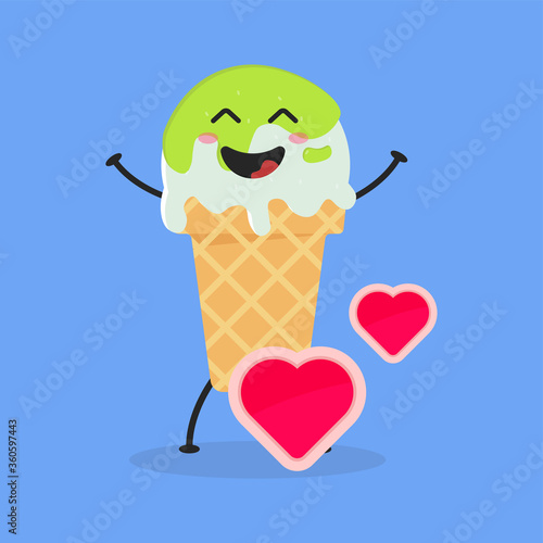 Cute Flat Cartoon Green Tea Ice Cream Illustration. Vector illustration of cute ice cream with a smiling expression. Cute green tea ice cream mascot design