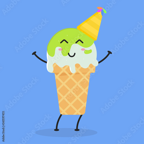Cute Flat Cartoon Green Tea Ice Cream Illustration. Vector illustration of cute ice cream with a smiling expression. Cute green tea ice cream mascot design