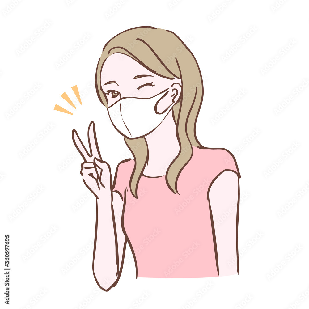 マスクをつけてピースをしている女性
