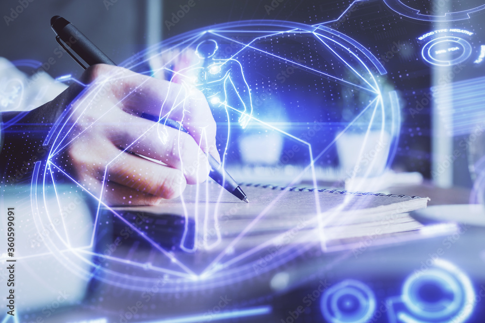 Education theme hologram over woman's hands writing background. Concept of study. Double exposure