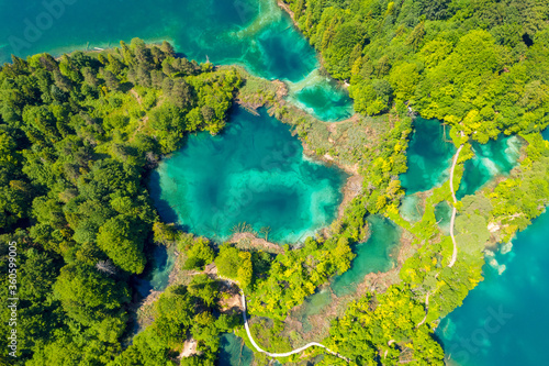 Aerial view of the lakes with waterfalls, Plitvice Lakes National Park, Croatia © Goran