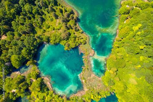 Aerial view of the lakes with waterfalls  Plitvice Lakes National Park  Croatia