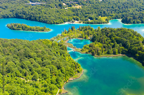 Aerial view of the lakes with waterfalls, Plitvice Lakes National Park, Croatia photo