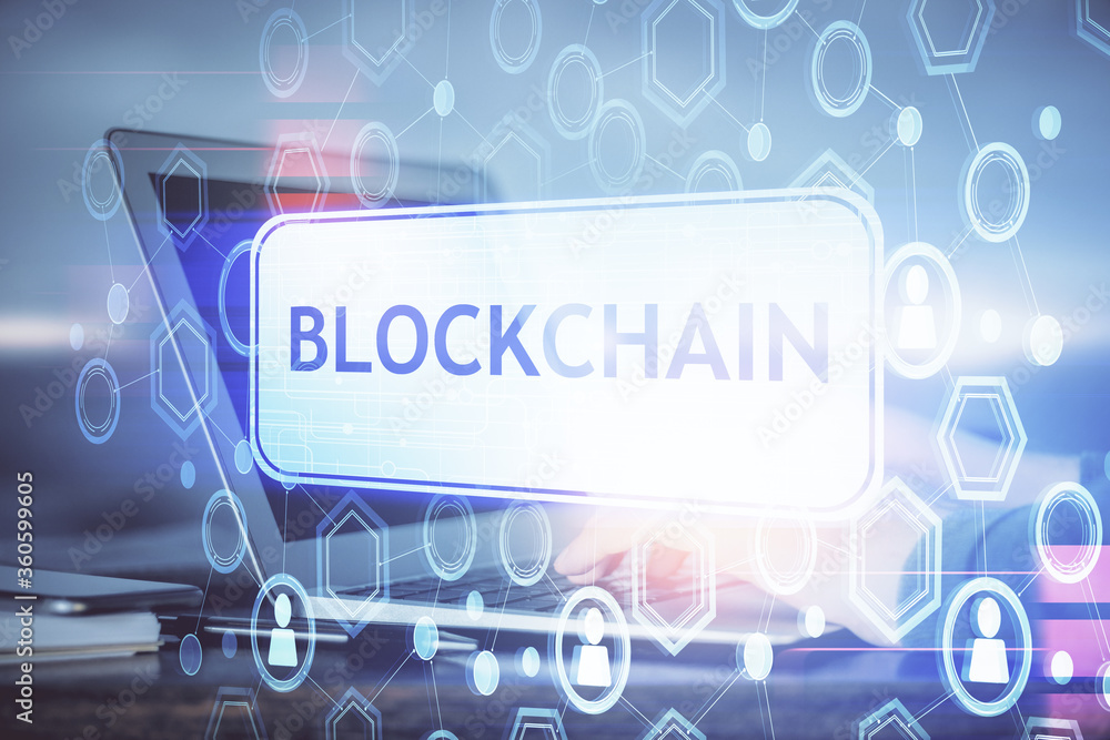 Blockchain theme hud with businessman working on computer on background. Concept of crypto chain. Double exposure. Blockchain theme hud with businessman working on computer on background. Concept of crypto chain. Double exposure.