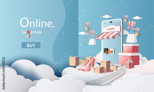 Online delivery service home office  Warehouse,cartoon paper art on mobile. Vector illustration.shopping online