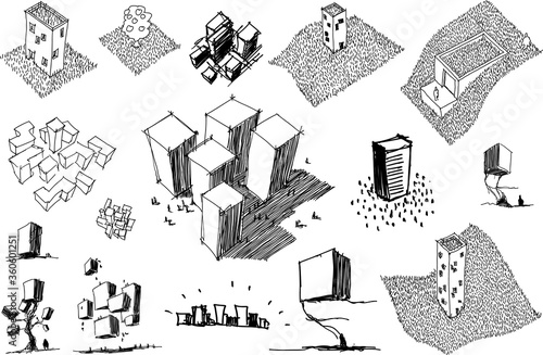 many hand drawn architectectural sketches of a modern abstract architecture and detached houses and urban ideas or towns